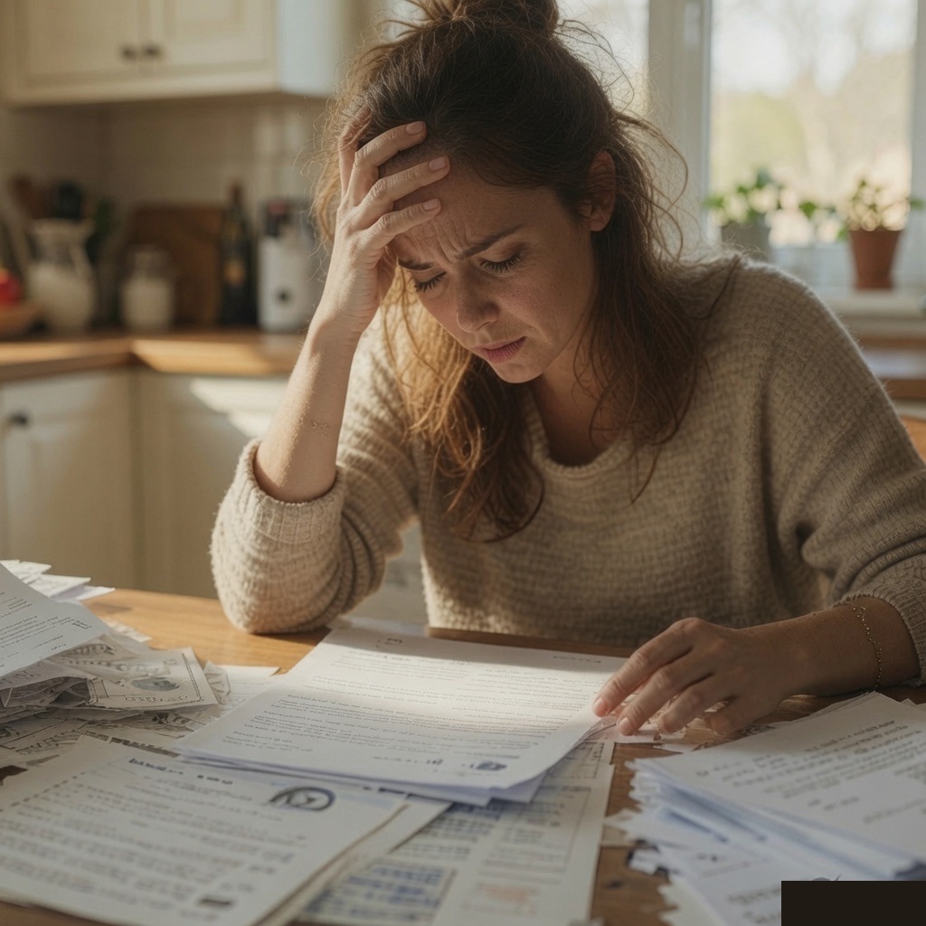 Woman overwhelmed by administrative paperwork